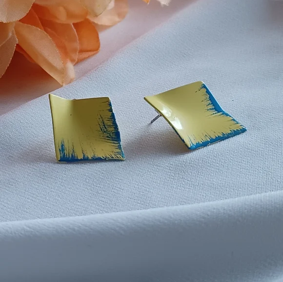 Yellow/Blue Geometric Earrings - Picture 7 of 9